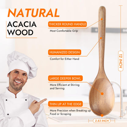Kitchen Wooden Cooking Spoon, Solid Acacia Wood Serving Spoons for Mixing Stirring, Nonstick Kitchen Utensils Tableware Ladle Scoop for Soup Stews Salad Pasta Sauce Chili (2 Pieces)