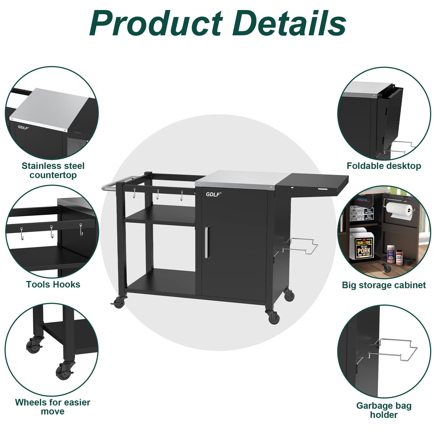 Grill Table for Big Green Egg, Metal Grill Stand Compatible with up to Medium Green Egg,Kamado Joe Jr