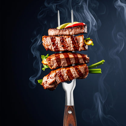 BOHK Heavy Duty Stainless Steel Carving Fork 11.6 Inch BBQ Meat Fork & Serving Fork for Cooking Roasting Meat Shredding (Wood Handle)