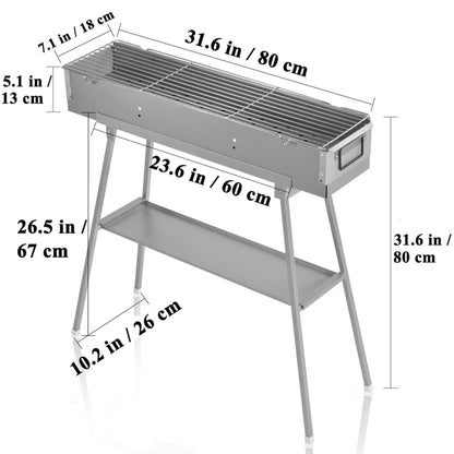 Portable Charcoal Grill, Stainless Steel BBQ Grill with Foldable Stand Adjustable Air Vents, Kebab Skewer BBQ Barbecue Grill Kit for Garden Backyard Party Picnic Travel Outdoor Use (31.6x7.1inch)