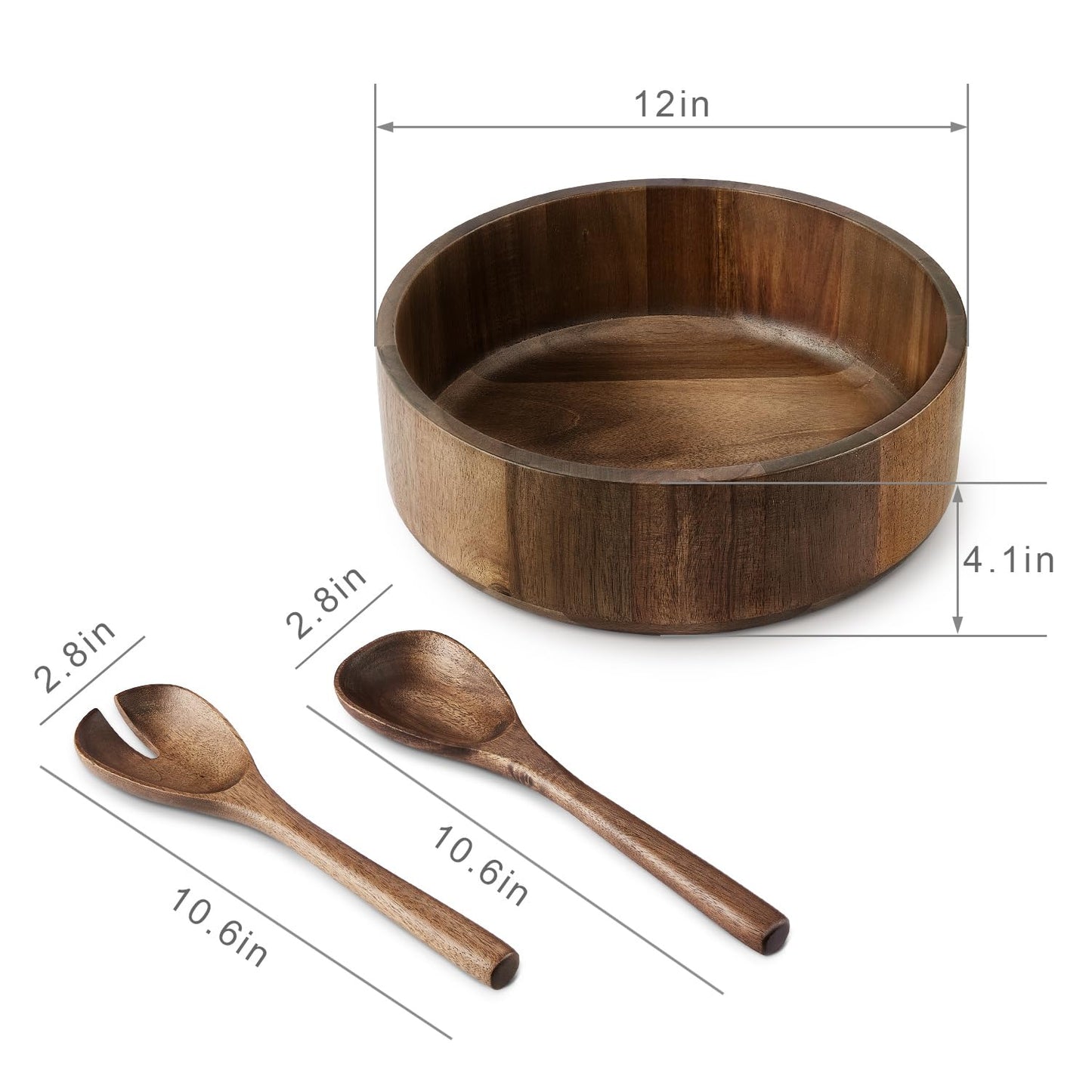 Wooden Salad Bowl, Acacia Walnut Wood Salad Bowl Set, 12 * 4.3 inch Large Natural Wooden with Fork and Spoon,Premium Eco-Friendly 346oz /10.8qt for Kitchen,Dining,Serving & Mixing Food