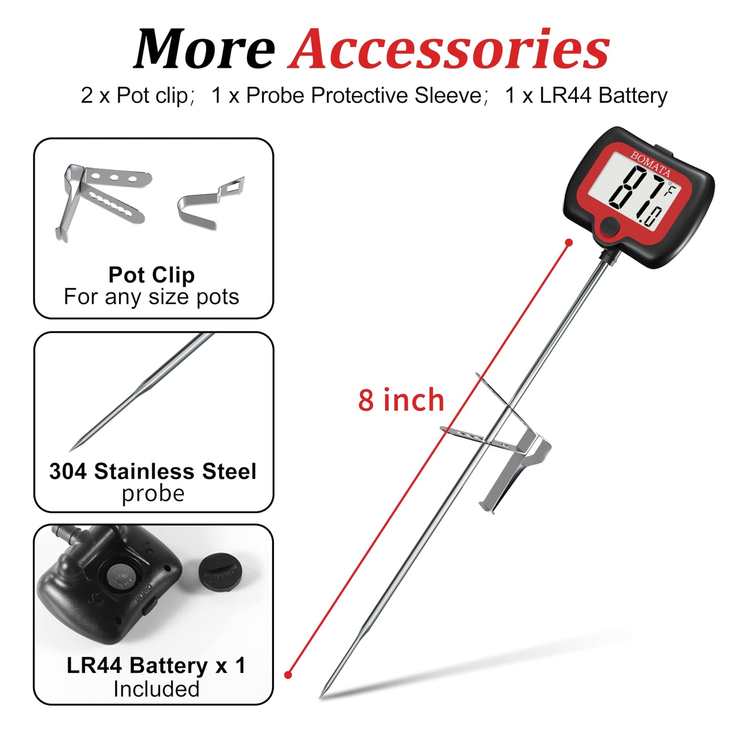 BOMATA Candy Thermometer with Pot Clip, Instant Read Cooking Thermometer with 8" Long Probe, Rotating Display, for Candy Making, Food, Candle Making, Liquids, Water, Baking, Sugar, Grilling. Black