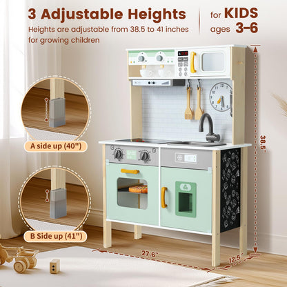 Uiirvdy Play Kitchen Wooden Kids Kitchen Playset Pretending Toys for Toddlers with Real Lights & Sounds, 3 Heights Adjustable, Chalkboard, 35Pcs Toy Food & Cookware Accessories-Green