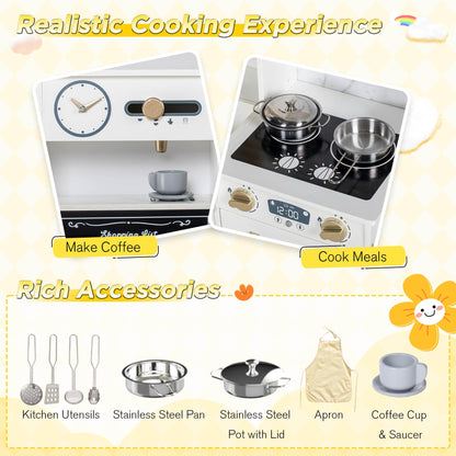 BRINJOY Kids Play Kitchen with Removable Cart, Wooden Toddler Kitchen Playset with Oven, Stove, Sink, Coffee Maker, Pretend Play Toy Kitchen Set for Children Boys Girls Ages 3