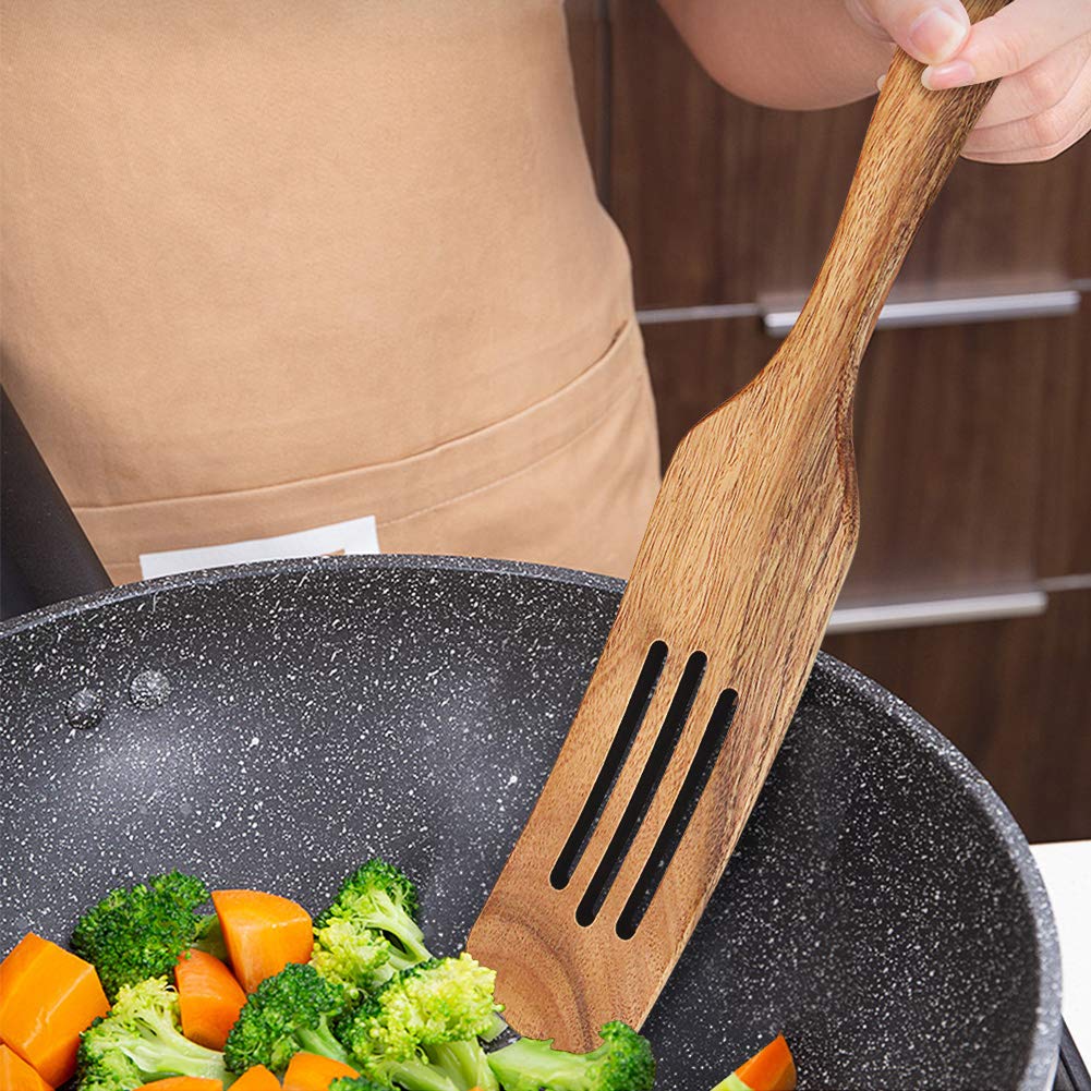 Wooden Cooking Utensils, Wooden Spatulas Set As Seen On TV, AOOSY 5 Pcs Natural Acacia Wood Spurtle Kitchen Tools Utensil Set Heat Resistant Non Stick Wood Cookware, Slotted Spatula for Stirring