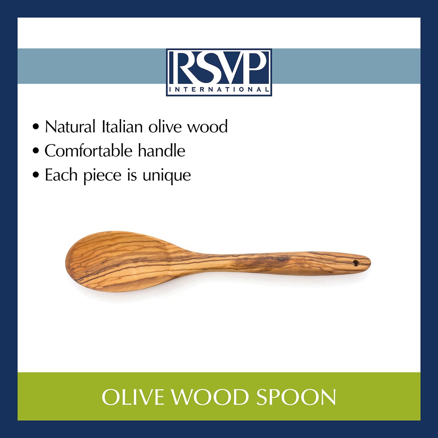 RSVP International Olive Wood Spoon, 12" | Rustic, Natural Authentic Italian Olive Wood | Classic Style for Kitchens, Tables, & More | Functional for Serving Vegetables, Stirring Pasta