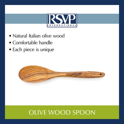 RSVP International Olive Wood Spoon, 12" | Rustic, Natural Authentic Italian Olive Wood | Classic Style for Kitchens, Tables, & More | Functional for Serving Vegetables, Stirring Pasta