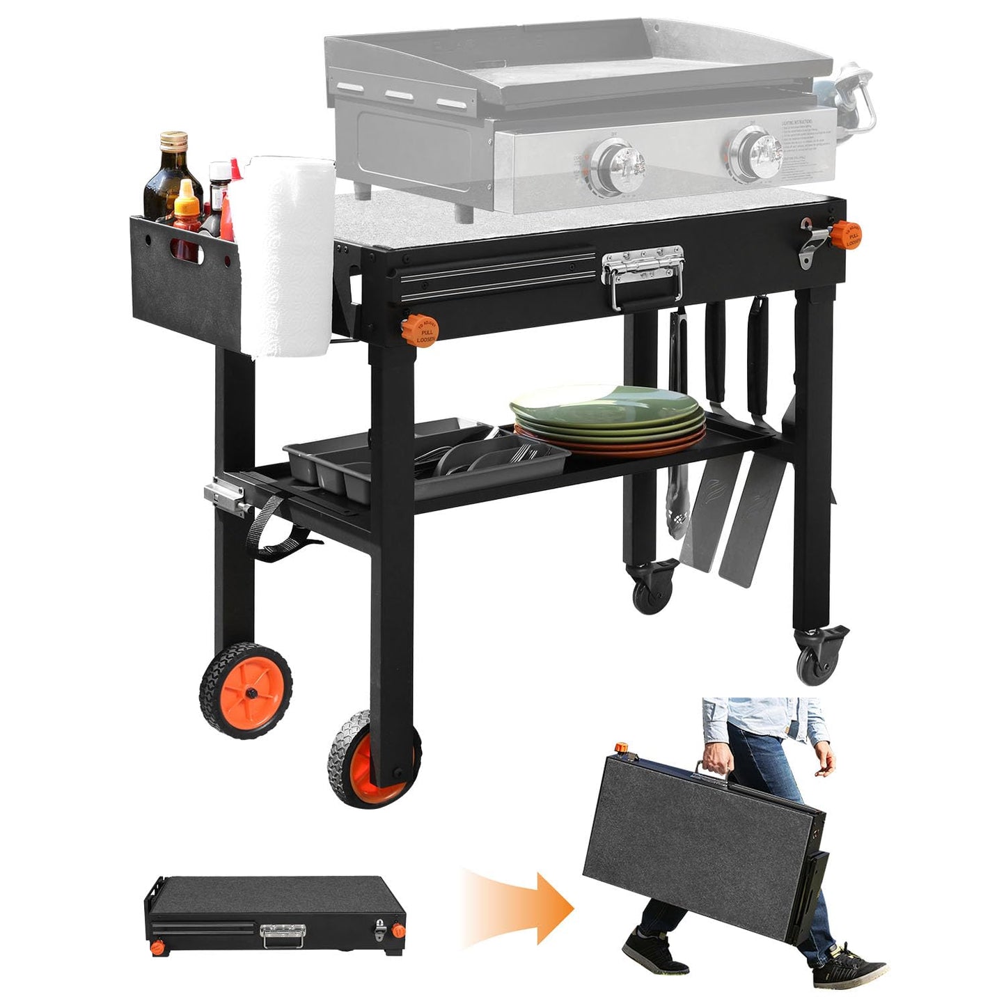 LKVHV Portable Outdoor Grill Table, Stand Solid and Sturdy 31"W x 17"D, Movable Kitchen Cooking Prep BBQ Cart With Wheels, Folding Cart for Ninja Grill, Blackstone Griddle 17"/22" etc.