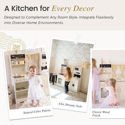 Tiny Land Play Kitchen for Kids, Toy Kitchen Set with Plenty of Play Features, New Modern Kids Wooden Play Kitchen Designed in Trendy Home Style with Curtains, Gift for Ages 3+