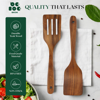 Bkiok Wooden Spatulas for Cooking, Teak Turner & Slotted Spatula Set for Nonstick Pans, Comfortable Grip Wooden Cooking Spatula (2Pcs)