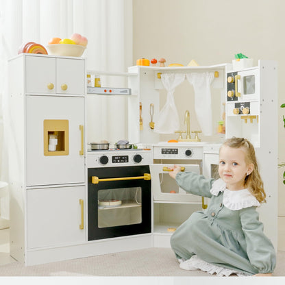 Interactive Wooden Toy Play Kitchen Playset for Kids – Realistic Lights & Sounds, Corner Design with 8 Accessories, Gift for Girls & Boys Ages 3+