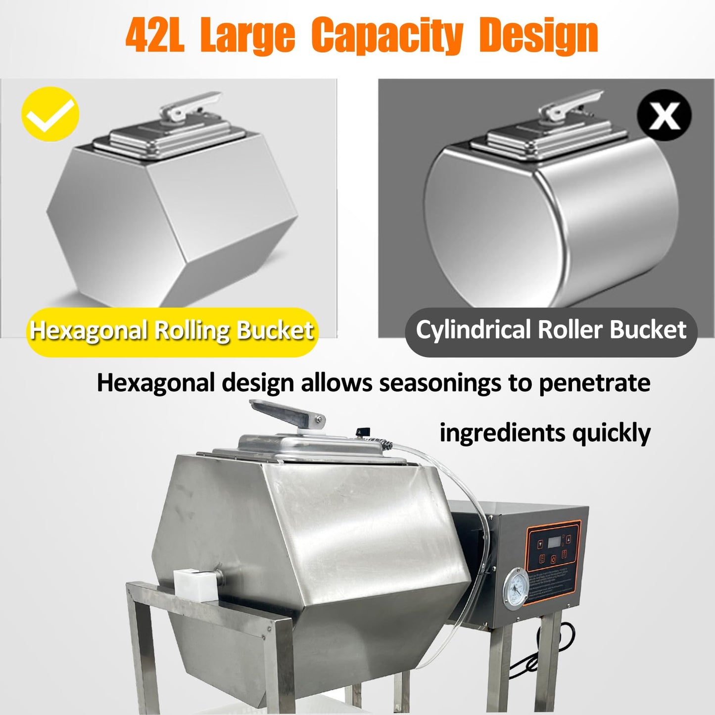TECHTONGDA Meat Tumbler Marinator 42L Vegetable Tumbler Marinating Machine, Food Vacuum Curing Machine with Timing Controlled, Bidirectional Rotation, Fast Marination for Professional Kitchens