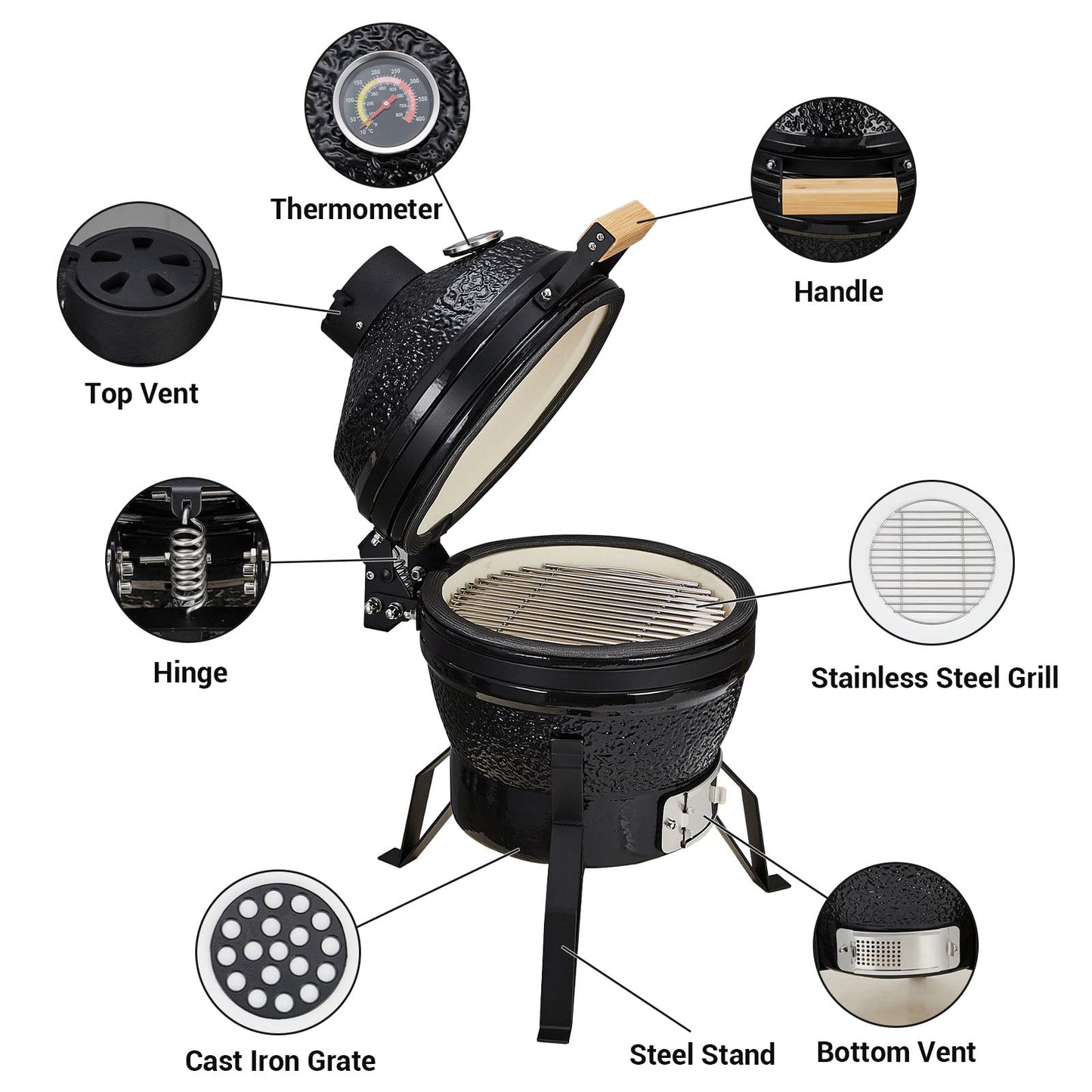 GarveeLife 13-Inch Portable Ceramic Charcoal Grill with Grill Stand, Egg Shaped Ceramic Charcoal Grill w 10.6" Stainless Steel Cooking Grate, Heat Deflectors and Ash Tool for Outdoor Barbecue, Baking