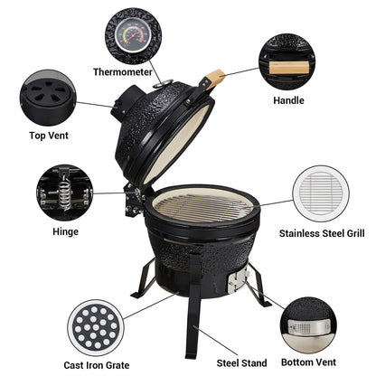 GarveeLife 13-Inch Portable Ceramic Charcoal Grill with Grill Stand, Egg Shaped Ceramic Charcoal Grill w 10.6" Stainless Steel Cooking Grate, Heat Deflectors and Ash Tool for Outdoor Barbecue, Baking