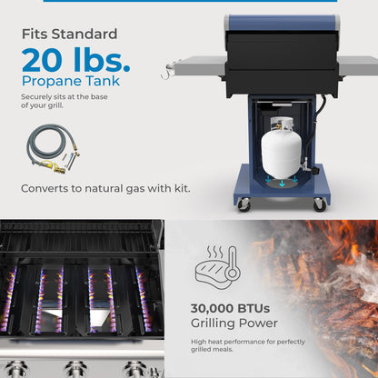 Kenmore 3-Burner Propane BBQ Grill, 30,000 BTUs Gas Grill with Cast Iron Cooking Grates, Folding Side Tables & Wheels, Outdoor Grill with Tool Hooks, Azure Blue