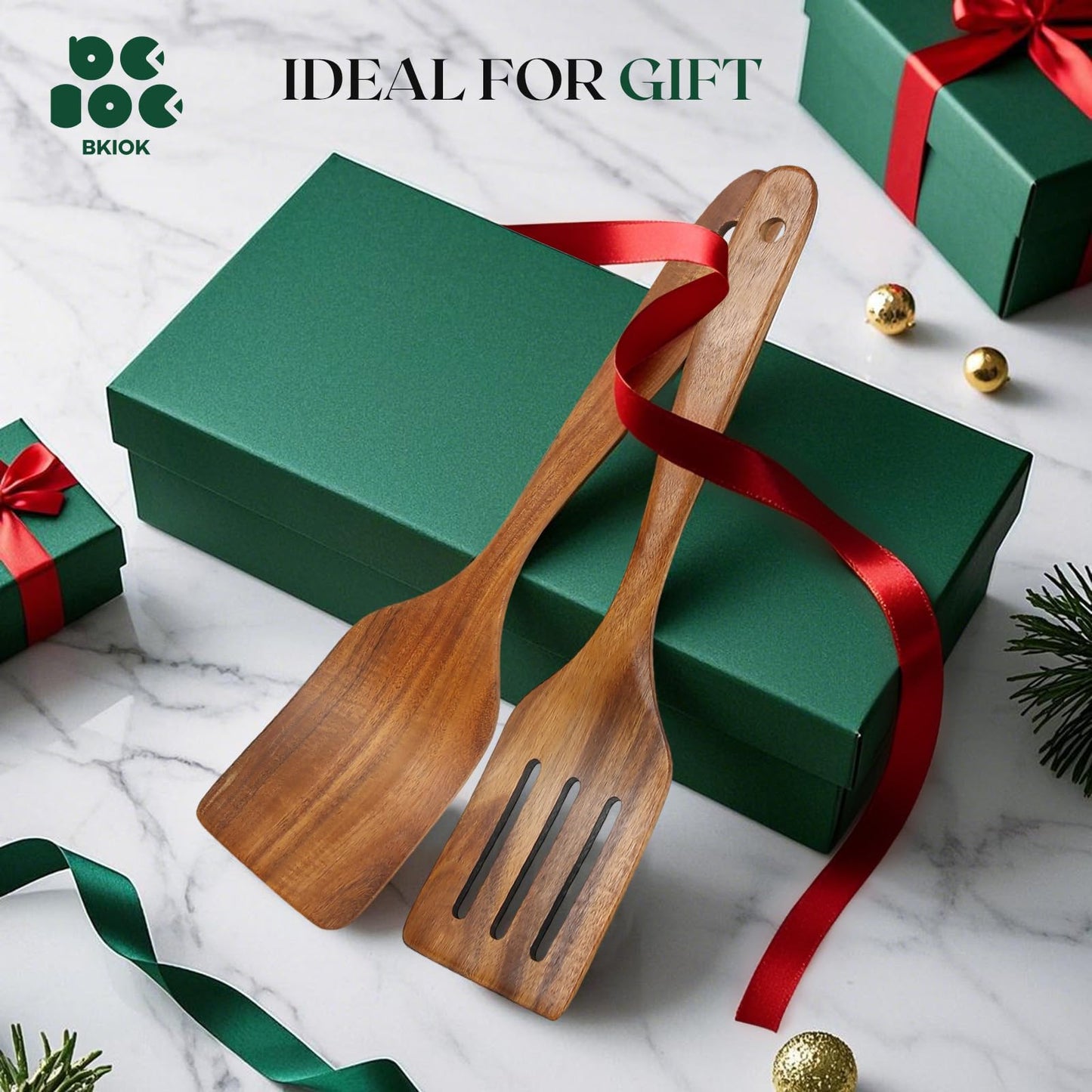 Bkiok Wooden Spatulas for Cooking, Teak Turner & Slotted Spatula Set for Nonstick Pans, Comfortable Grip Wooden Cooking Spatula (2Pcs)