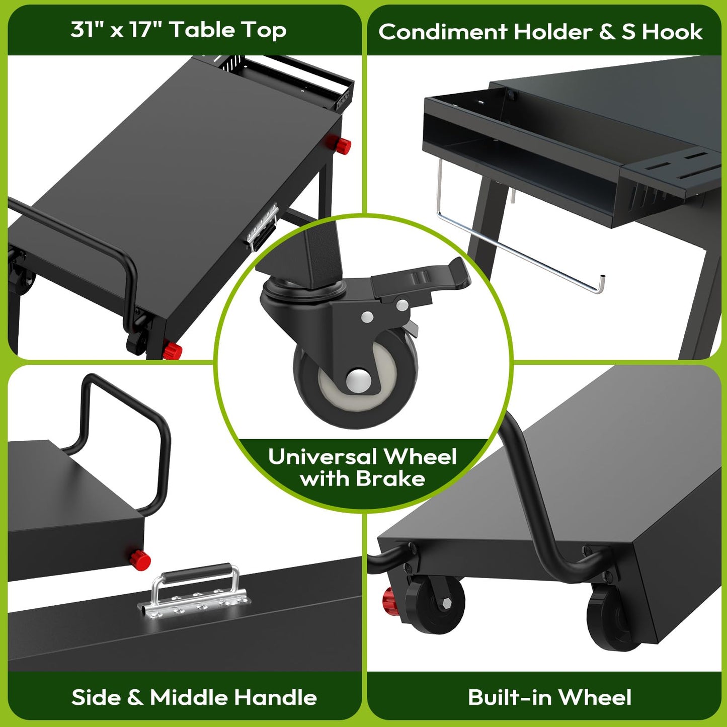 NUUK 31"x17" Outdoor Foldable BBQ Grill Table Cart Portable Folding Prep Worktable for Outside Cooking, Pizza Oven, Heavy-Duty 300LBS Capacity with Universal Wheels, Hander