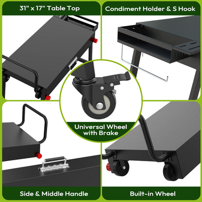 NUUK 31"x17" Outdoor Foldable BBQ Grill Table Cart Portable Folding Prep Worktable for Outside Cooking, Pizza Oven, Heavy-Duty 300LBS Capacity with Universal Wheels, Hander