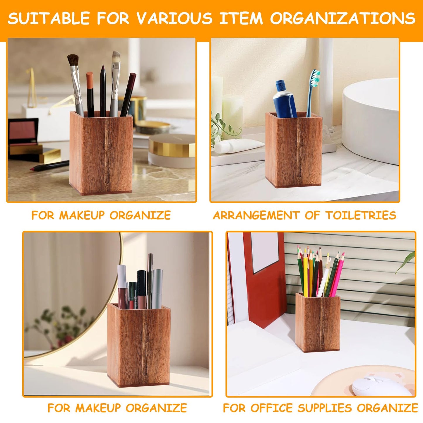 Qivine Acacia Wood Utensil Holder, Wooden Silverware Holder Countertop Utensil Organizer Silverware Organizer with Tray, Kitchen Utensil Organizers for Forks, Spoons, Knives (Acacia)
