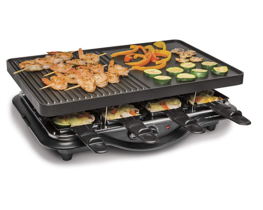 Hamilton Beach Electric Indoor Raclette Table Grill, 200 sq. in. PFAS-Free Nonstick Griddle Serves up to 8 People for Parties and Family Fun, Includes 8 Warming Trays, Black (31612MN-MX)