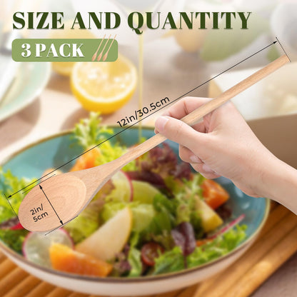 WYOMER 3 PCS Wooden Spoons for Cooking, 12 Inch Long Handle Made of Natural Beechwood, Cooking Mixing Oval Spoons to Baking, Stir Meals, Tasting Stirring Food