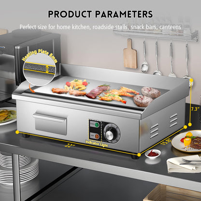 Moogiantgo Commercial Electric Griddle 22’’, 1600W Non-Stick Countertop Flat Top Grill Stainless Steel, Removable Oil Box, Adjustable Temperature 0-300℃, Teppanyaki Grill for Restaurant Kitchen, 110V