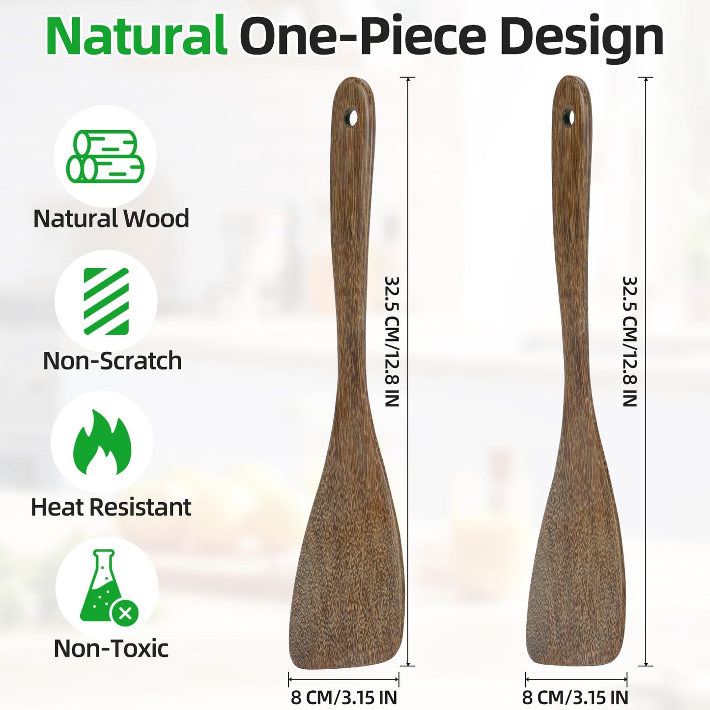 Ecavria 2PCS Wooden Spatula, 12.8IN Wooden Flat Frying Spatulas, Long Handle Wood Turner for Non-Stick Cookware, Natural Wood Cooking Utensils, Healthy, Sturdy & Heat-Resistant