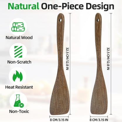 Ecavria 2PCS Wooden Spatula, 12.8IN Wooden Flat Frying Spatulas, Long Handle Wood Turner for Non-Stick Cookware, Natural Wood Cooking Utensils, Healthy, Sturdy & Heat-Resistant