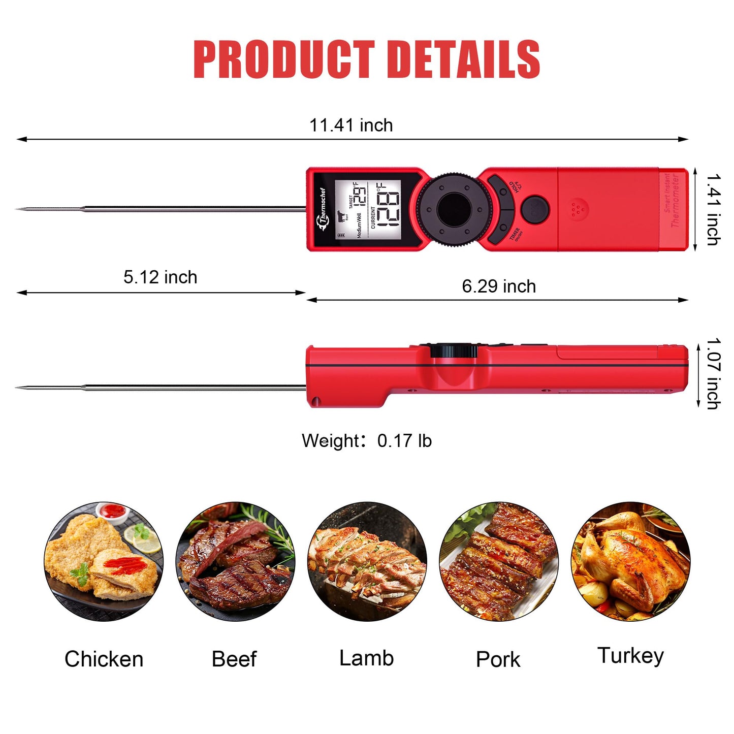Thermochef Meat Thermometer Digital Instant Read for Grilling, High Accuracy ±1% ℉, Backlit Screen with Auto Wake/Sleep, Customized Mode Food Thermometer for Cooking, BBQ Beef Home Essentials Red