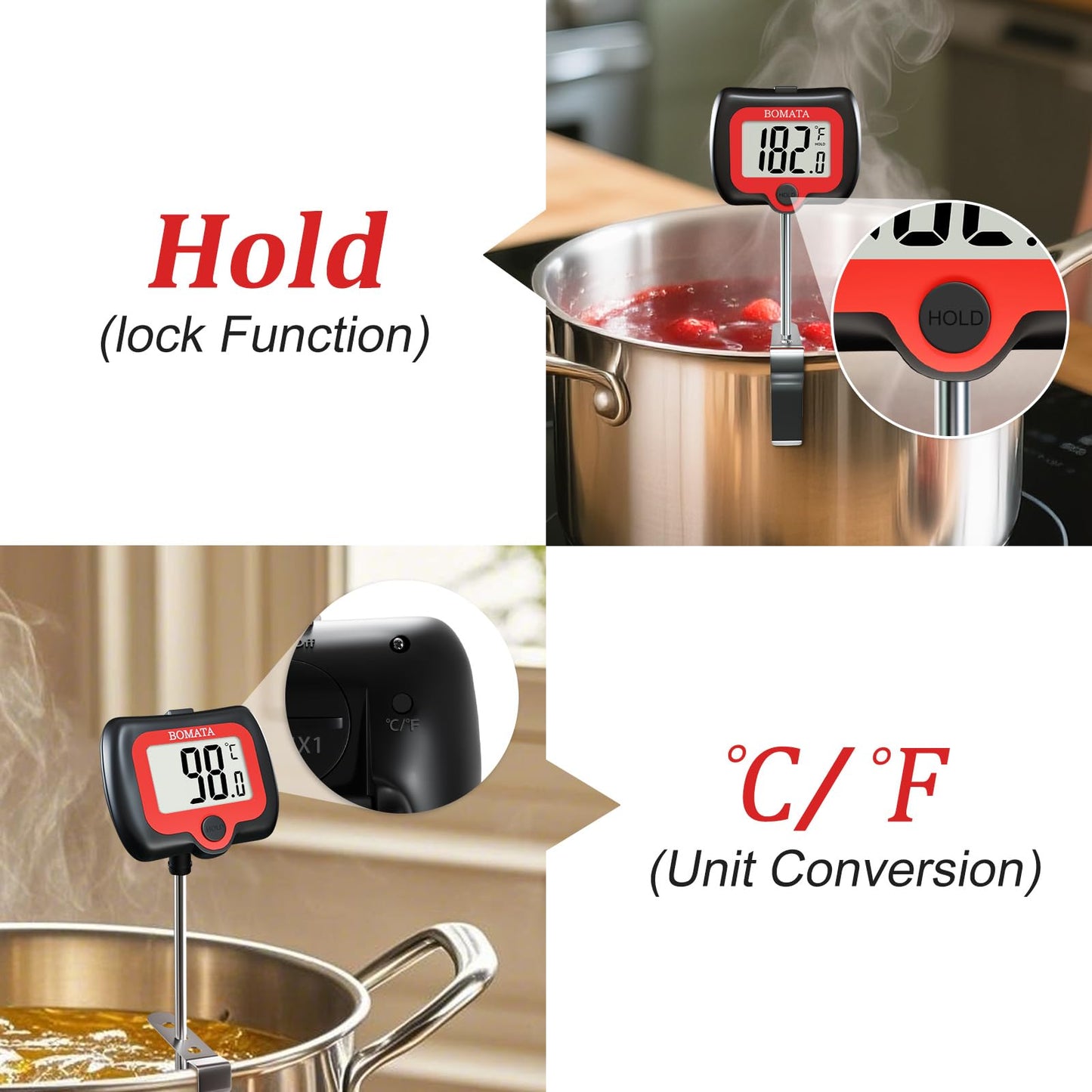 BOMATA Candy Thermometer with Pot Clip, Instant Read Cooking Thermometer with 8" Long Probe, Rotating Display, for Candy Making, Food, Candle Making, Liquids, Water, Baking, Sugar, Grilling. Black