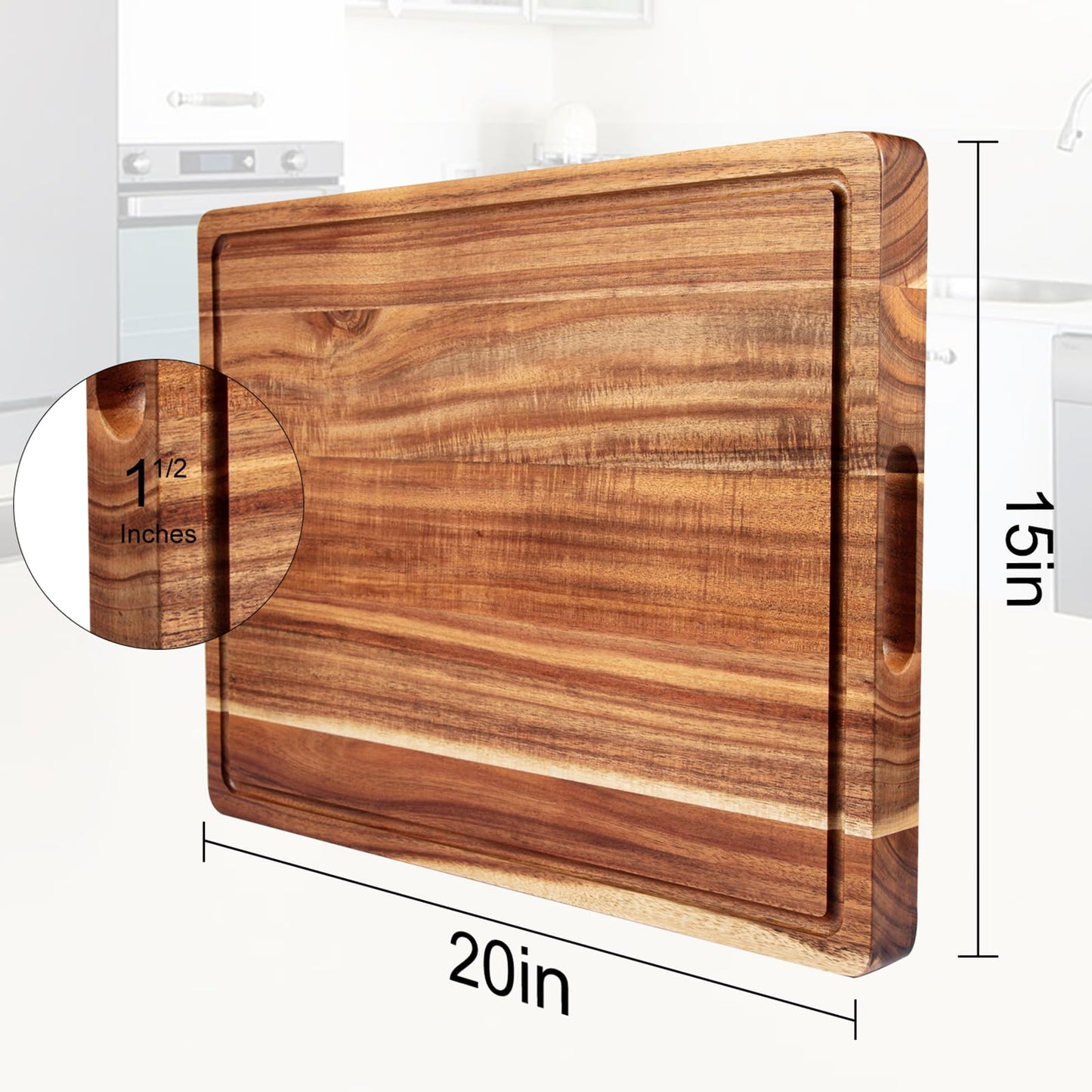 20 Inch Large Acacia Wood Cutting Board 1.5" Thick, Reversible Wooden Cutting Board for Kitchen, Charcuterie Board Cheese Board with Deep Groove, Chopping Board for Meat, Vegetables, Fruit