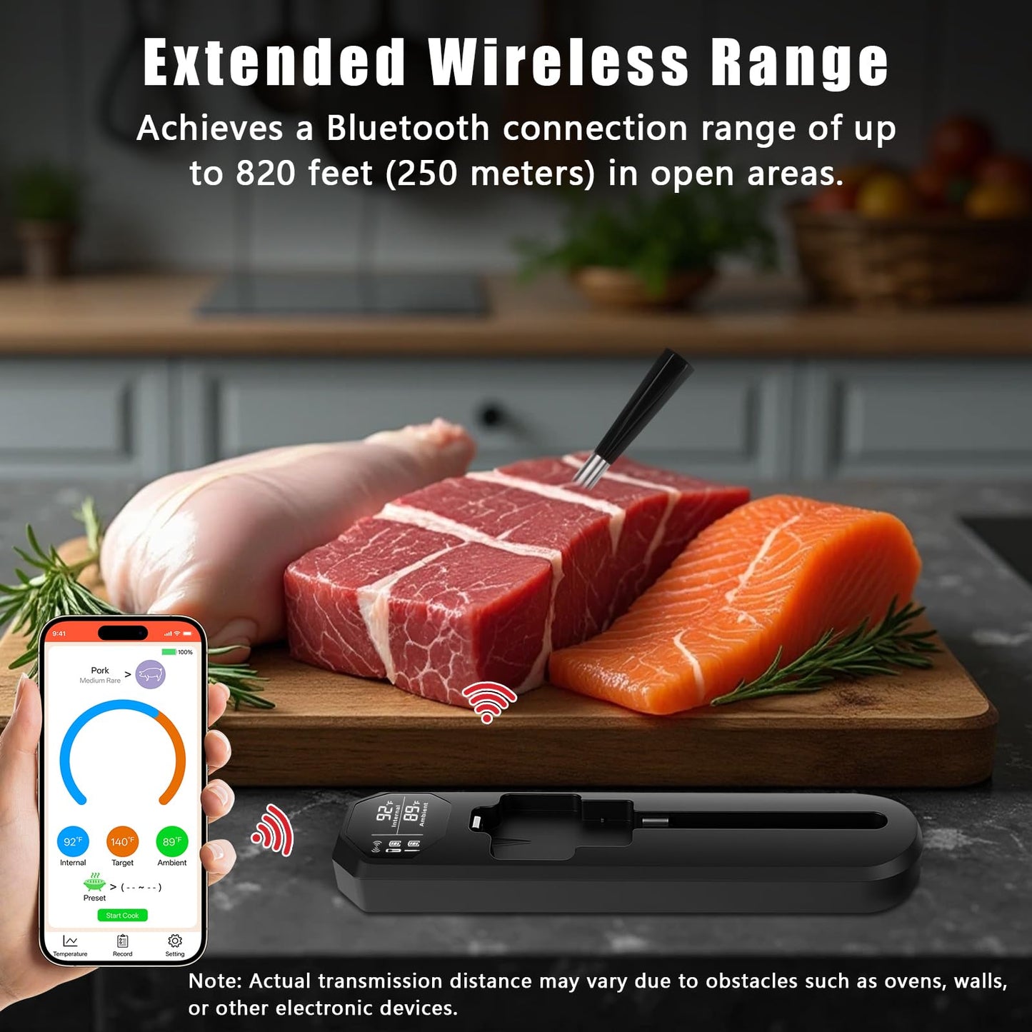Meat Thermometer – Smart Bluetooth Meat Thermometer 820-FT Bluetooth Wireless Range Digital Food Thermometer with App Control | IP67 Waterproof Probe | Cooking Thermometer for BBQ, Oven, Grill, Smoker