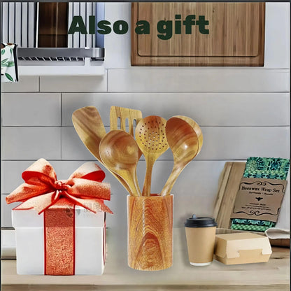 6 Piece Wooden Cooking Spoons for Cooking, Kitchen Utensils Set, Wooden utensil storage wooden barrel, Natural Teak Wood Cooking Spatulas with Utensils Holder, for Nonstick Cookware