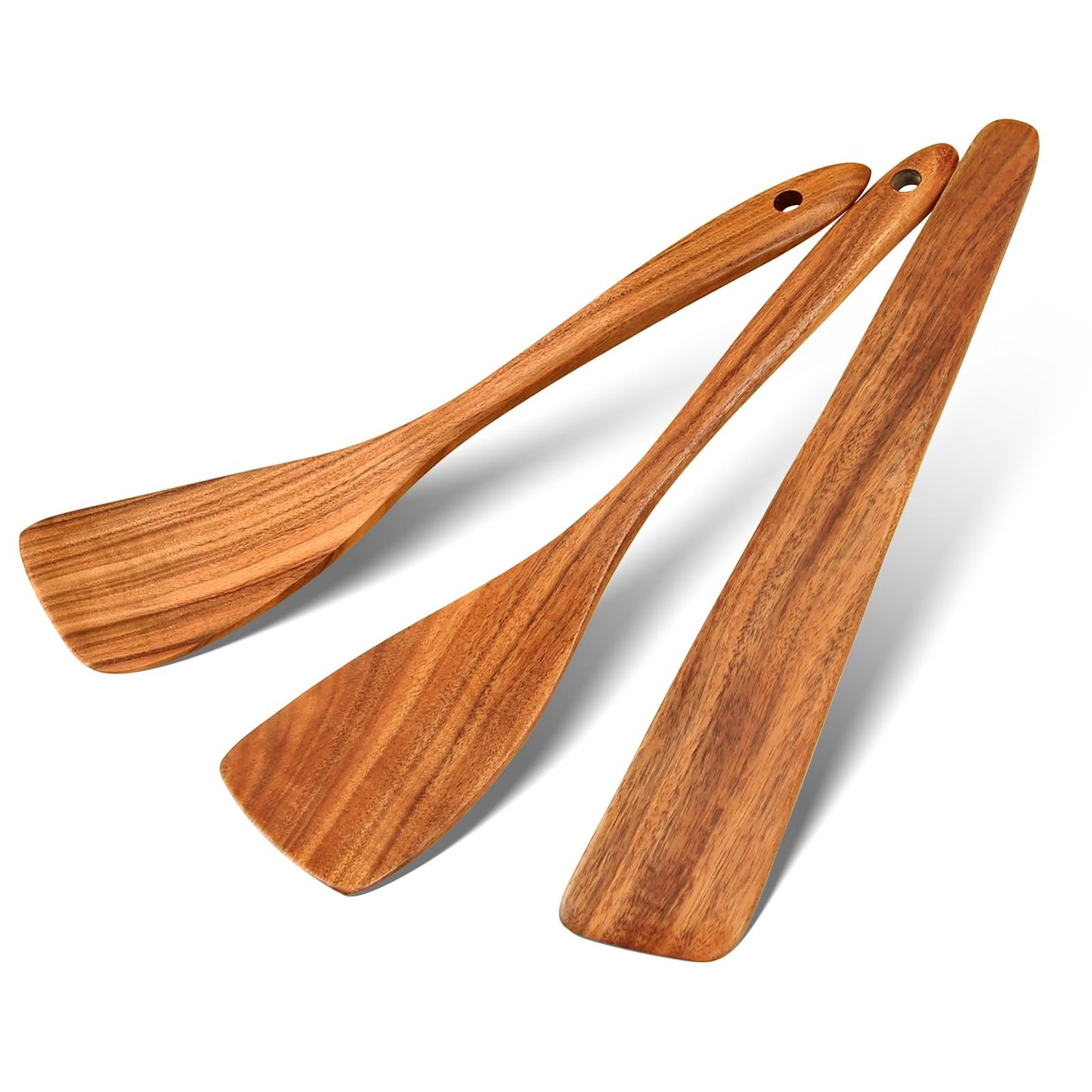 EOHASA 3Pcs Wood Spatulas for Cooking, Natural Teak Wooden Utensil Set - Flat Spatula Turner, Wood Spatula for Right Hand, Wooden Scraper Flipper, Non Toxic Heat Resistant kitchen essentials for Home