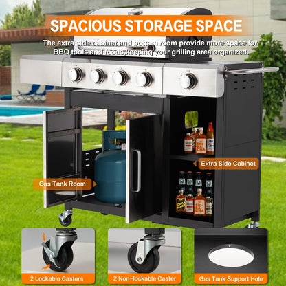4-Burner Propane Gas Grill with Side Burner & Cabinet - 49,000 BTU Stainless Steel BBQ Grill, Porcelain-Enameled Cast Iron Grates for Outdoor Cooking, Patio & Backyard