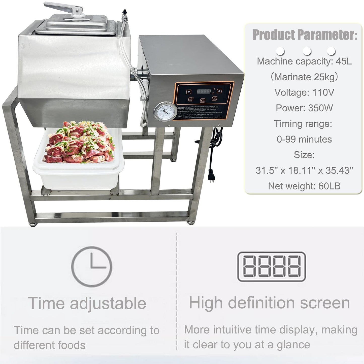 HQHAOTWU Vegetable Marinating Machine Meat Vegetable Tumbler Marinator Food Vacuum Marinator Fast Marination Process Meat Pickle Machine with Vacuum Pump 45L Capacity Timing Range 0-99 Minutes 110V