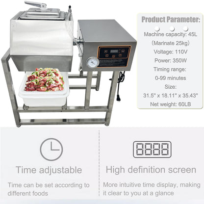 HQHAOTWU Vegetable Marinating Machine Meat Vegetable Tumbler Marinator Food Vacuum Marinator Fast Marination Process Meat Pickle Machine with Vacuum Pump 45L Capacity Timing Range 0-99 Minutes 110V