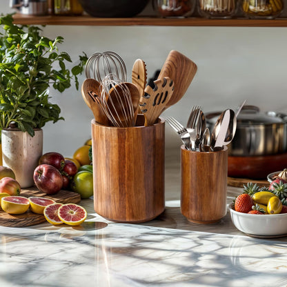 LIOZLIOLY Large Acacia Wood Utensil Holder for Kitchen Counter, 360° Rotating Kitchen Utensil Holder, Set of 2 (7.9" & 5.9"), Rustic Farmhouse Decor Accessories