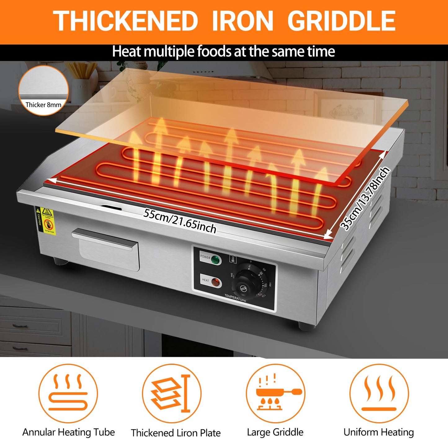 22inch 110V Commercial Electric Griddle 1600W Countertop Flat Top Griddle, Stainless Steel Teppanyaki Grill, 122-572℉ Adjustable Temp Control for Restaurant Kitchen