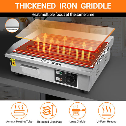 22inch 110V Commercial Electric Griddle 1600W Countertop Flat Top Griddle, Stainless Steel Teppanyaki Grill, 122-572℉ Adjustable Temp Control for Restaurant Kitchen