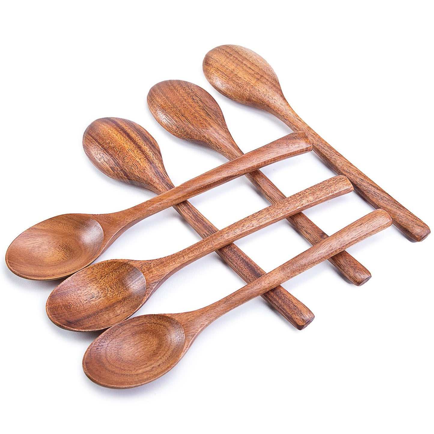 HAKSEN Wooden Spoons for Eating, 8.2 Inch Wood Mixing Soup Spoon with Long Handle for Korean Food Daily Meal Stirring Sauce Coffee, 6PCS
