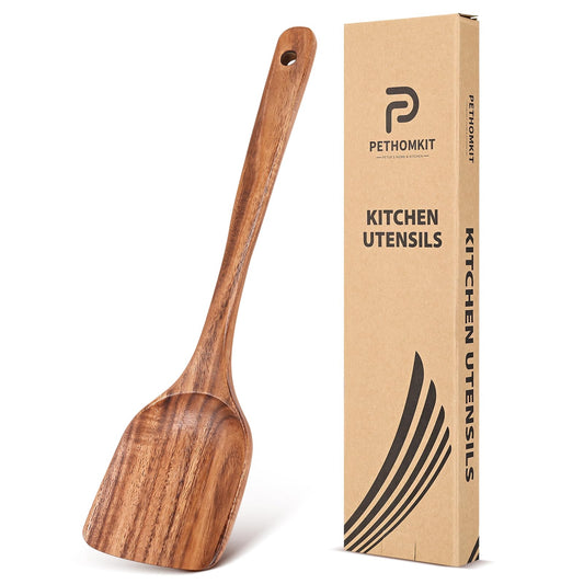 Teak Wood Spatula for Cooking, Wooden Kitchen Cooking Utensil, Large Long Handle Solid Wok Spatula Flipper with Raised Sides for Serving Scooping Frying Mixing Stirring Eggs Beans,Non-Toxic,13.4″,1Pk