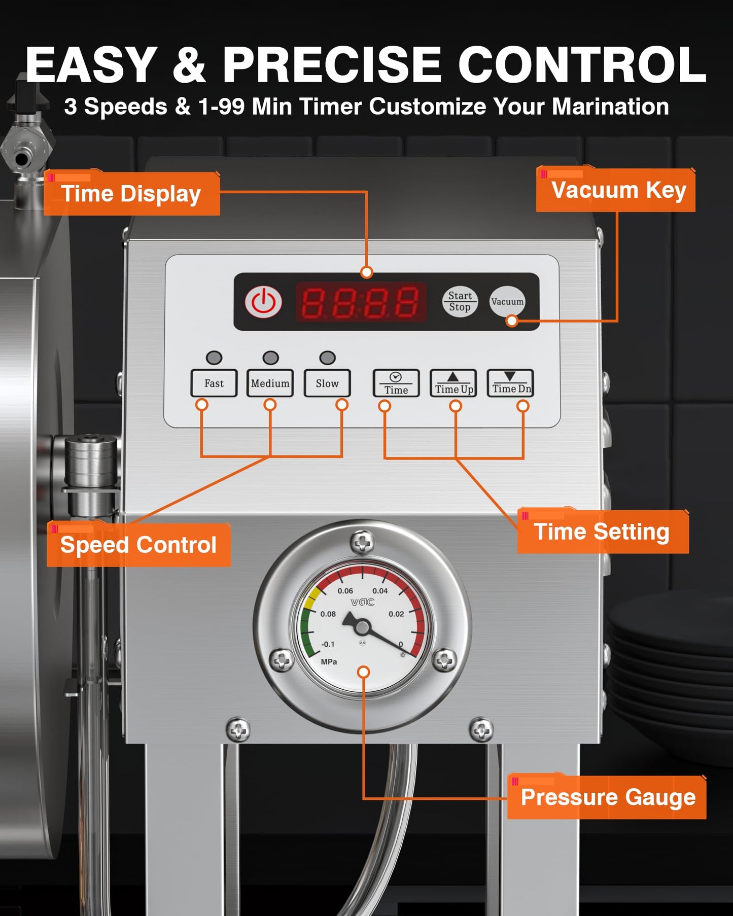 PYY Vacuum Tumbler Marinator - Max.20LBS Commercial Meat Tumbler Marinator w/Pressure Gauge 20L, 30 Minute Fast Marinating, 80W Copper Motor, 3-Speed,Stainless Steel Meat Tumbler for Catering Kitchen