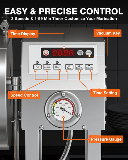 PYY Vacuum Tumbler Marinator - Max.20LBS Commercial Meat Tumbler Marinator w/Pressure Gauge 20L, 30 Minute Fast Marinating, 80W Copper Motor, 3-Speed,Stainless Steel Meat Tumbler for Catering Kitchen