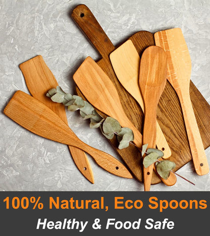 ECOSALL 6 Wooden Spoons for Cooking – Made in Ukraine 100% Natural Healthy Nonstick Wooden Spatula Spoons - Premium Solid Wood Cooking Utensils Set - Strong, Durable Eco Hardwood Beechwood Spoons Set