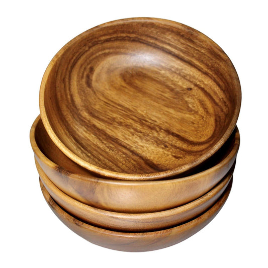 WRIGHTMART Acacia Wood Bowl, Set of 4, 7” Round, for Serving Food, Salads, Fruits, for Kitchen, Dining, or Living Room, Handmade, Natural, Rustic, Decorative and Durable Bowls.