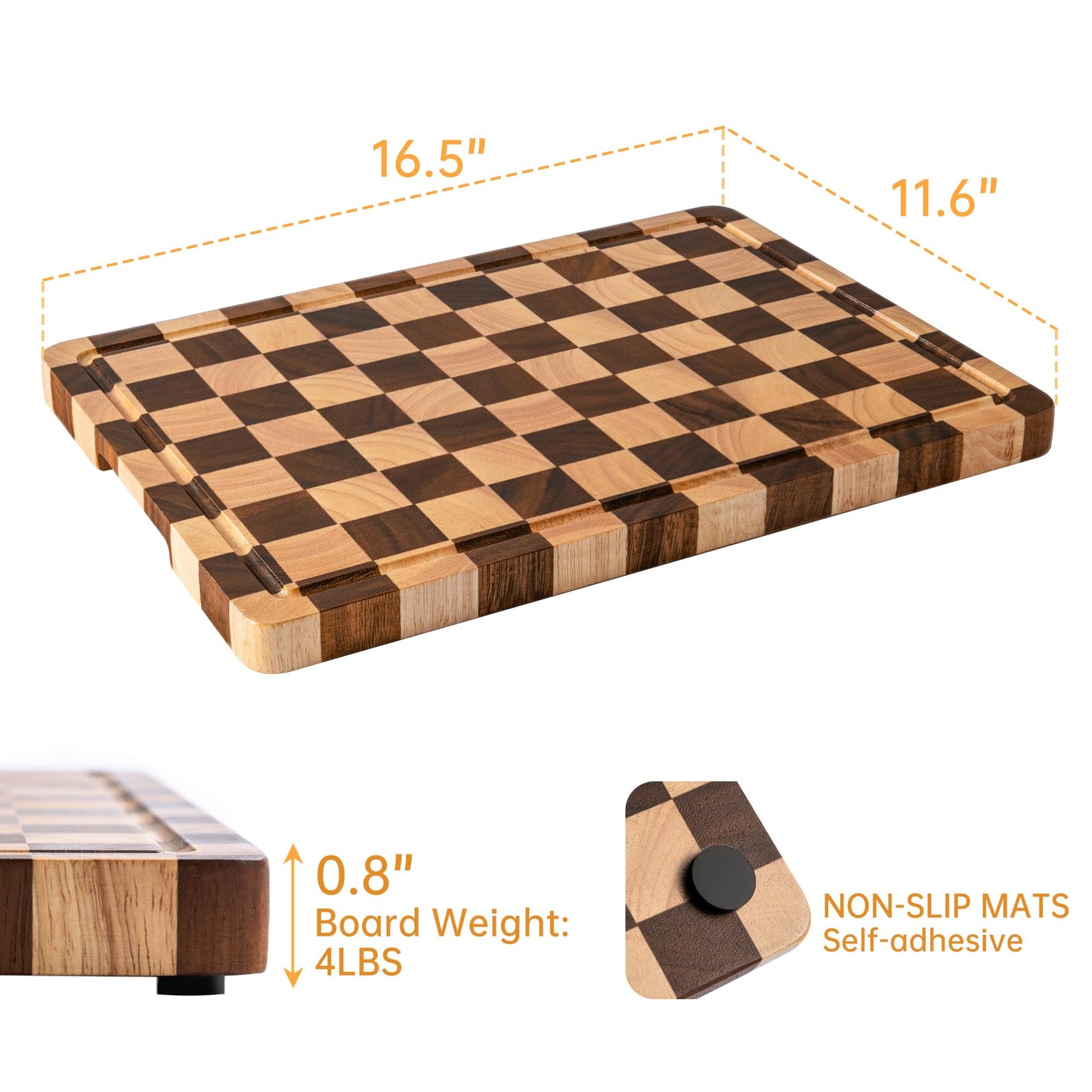 THETCHRY Cutting Boards for Kitchen, Checkered Cutting Board Upgraded, Acacia Wood Chopping Board with Juice Grooves & Handles, Large Butcher Block Serving Tray with Gift Box, 16.5" x 11.6" x 0.8"