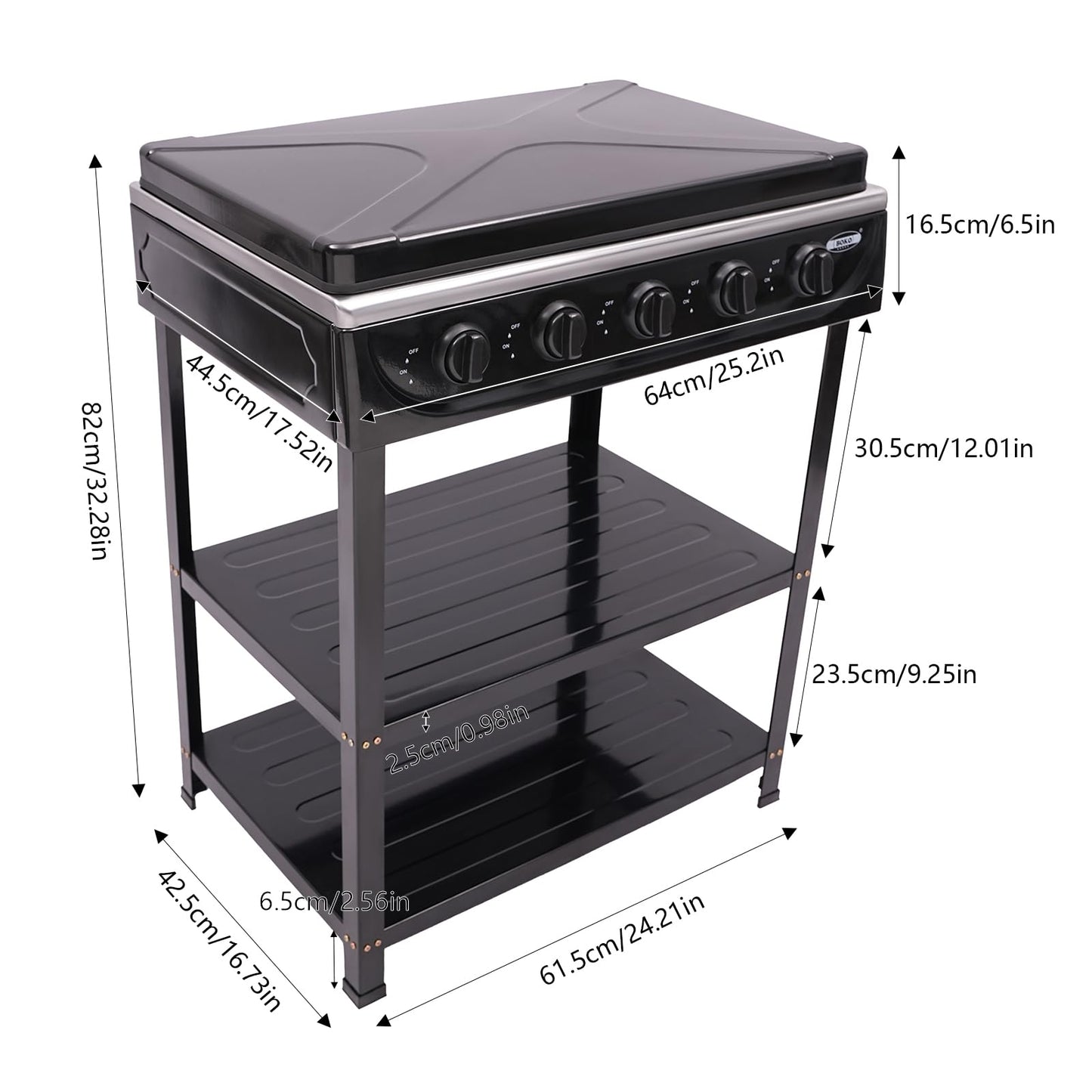 YUMIONB 5 Burners BBQ Propane Gas Grill, Freestanding Natural Gas Stove Patio Garden Barbecue Grill Manual Ignition Camping Stove Portable Grills for Stir-Frying, Cooking Pasta, Boiling Soup (Black)