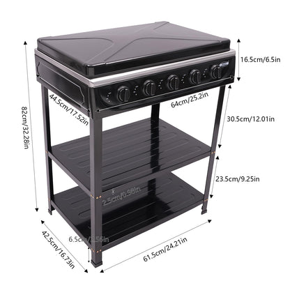 YUMIONB 5 Burners BBQ Propane Gas Grill, Freestanding Natural Gas Stove Patio Garden Barbecue Grill Manual Ignition Camping Stove Portable Grills for Stir-Frying, Cooking Pasta, Boiling Soup (Black)