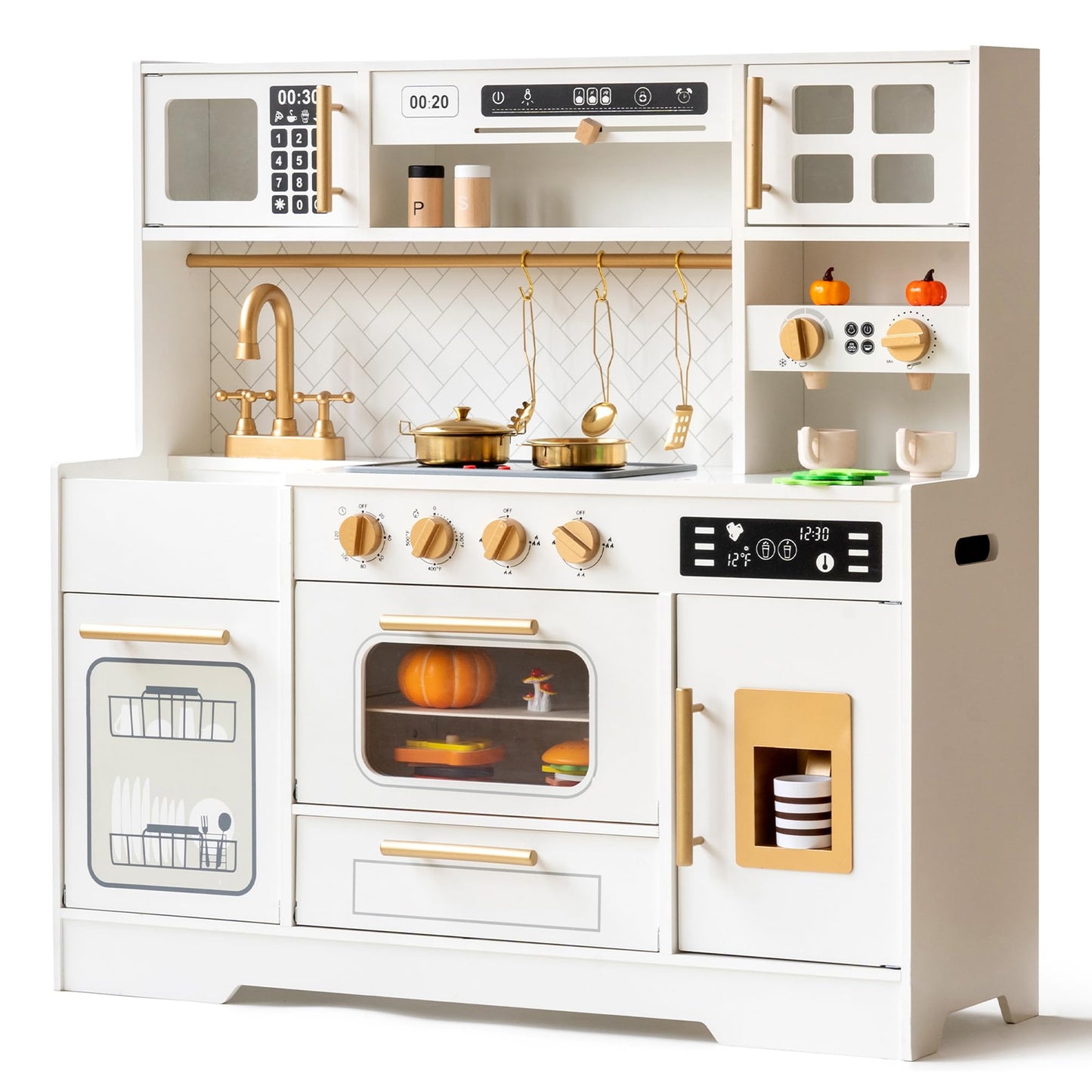 Interactive Wooden Play Kitchen Set for Kids Realistic Features with Extended Storage and 15 Kitchen Accessories, Ideal Pretend Playset Gift for Toddlers and Children Ages 3+